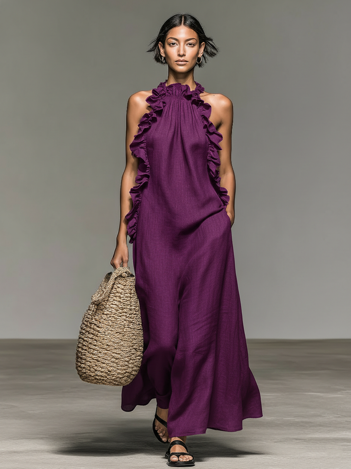 Ruffle Trim Halter Neck Sleeveless Linen Maxi Dress