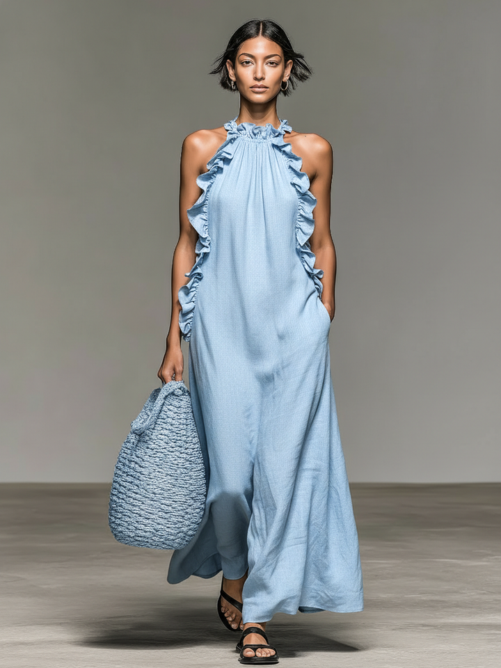 Ruffle Trim Halter Neck Sleeveless Linen Maxi Dress