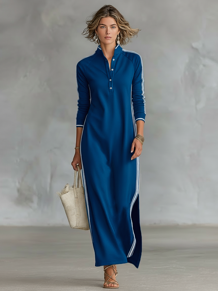 Contrast Trim Stand Collar Long Sleeve Casual Maxi Dress