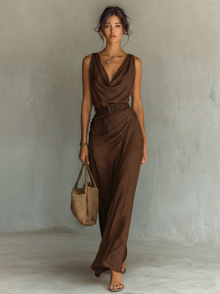 Cowl Neck Belted Ruched Sleeveless Silk Maxi Dress - Wedding Guest