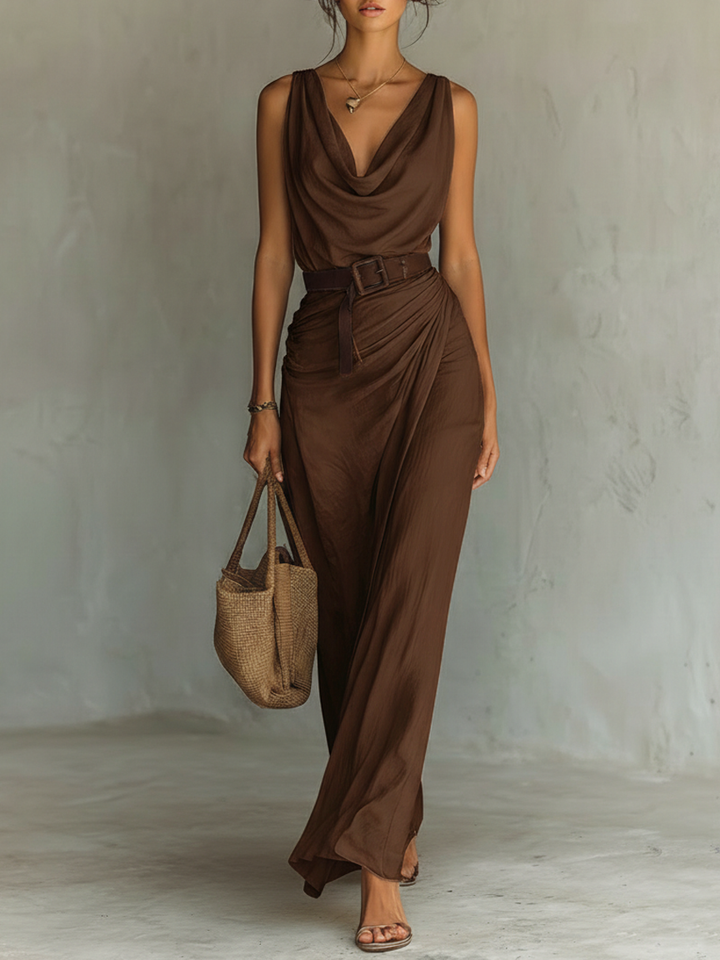 Cowl Neck Belted Ruched Sleeveless Silk Maxi Dress - Wedding Guest