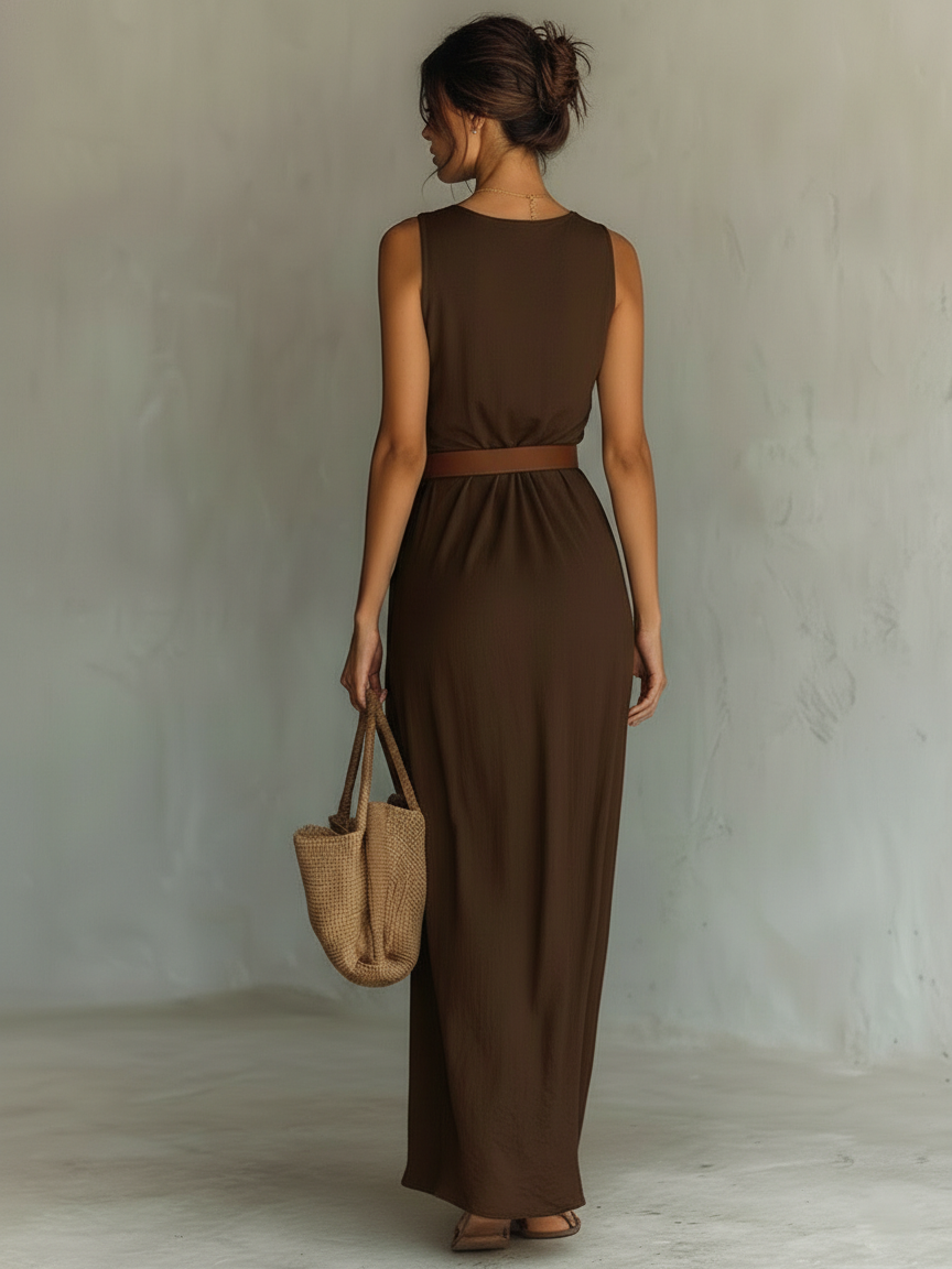 Cowl Neck Belted Ruched Sleeveless Silk Maxi Dress - Wedding Guest