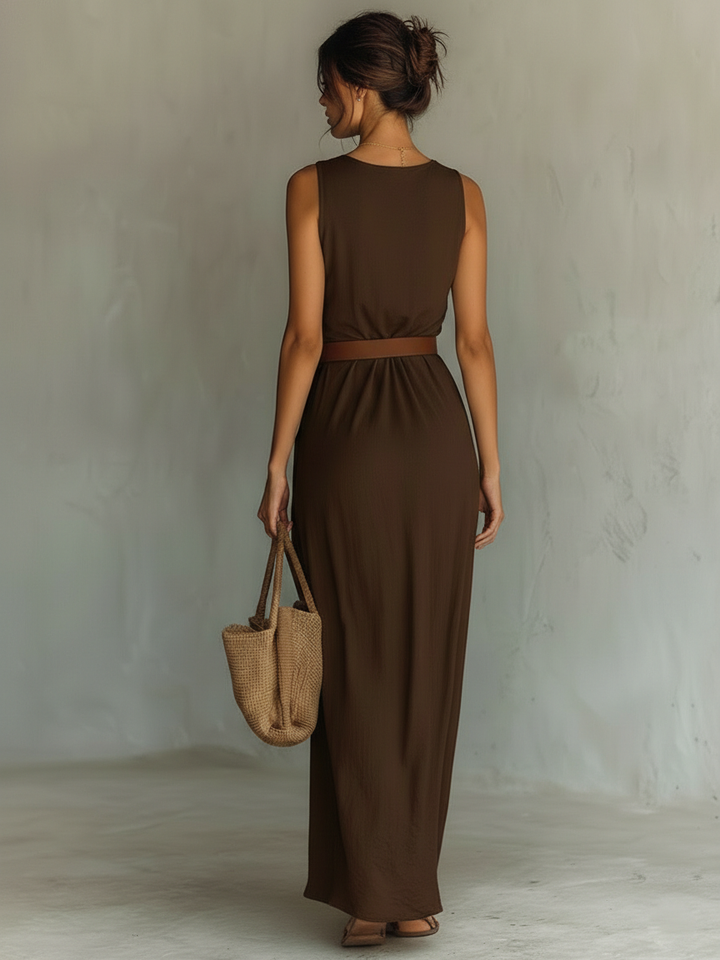 Cowl Neck Belted Ruched Sleeveless Silk Maxi Dress - Wedding Guest