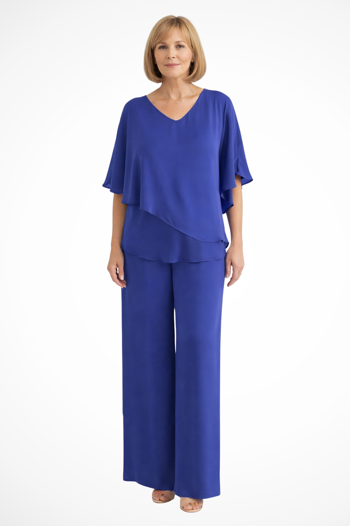 Cape Overlay V Neck Batwing Top Wide Leg Pant Two Piece Set