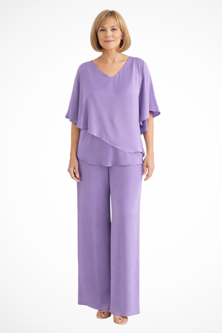 Cape Overlay V Neck Batwing Top Wide Leg Pant Two Piece Set