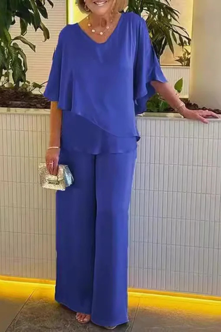 Cape Overlay V Neck Batwing Top Wide Leg Pant Two Piece Set