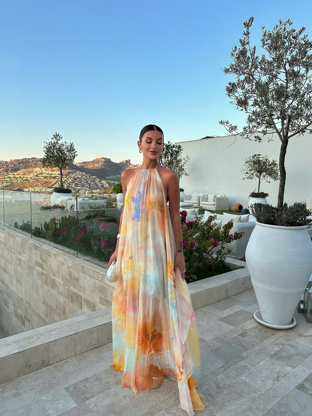Watercolour Floral Halter Neck Flowy Maxi Dress - Wedding Guest