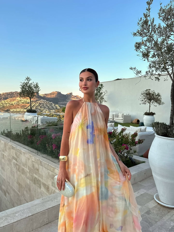 Watercolour Floral Halter Neck Flowy Maxi Dress - Wedding Guest