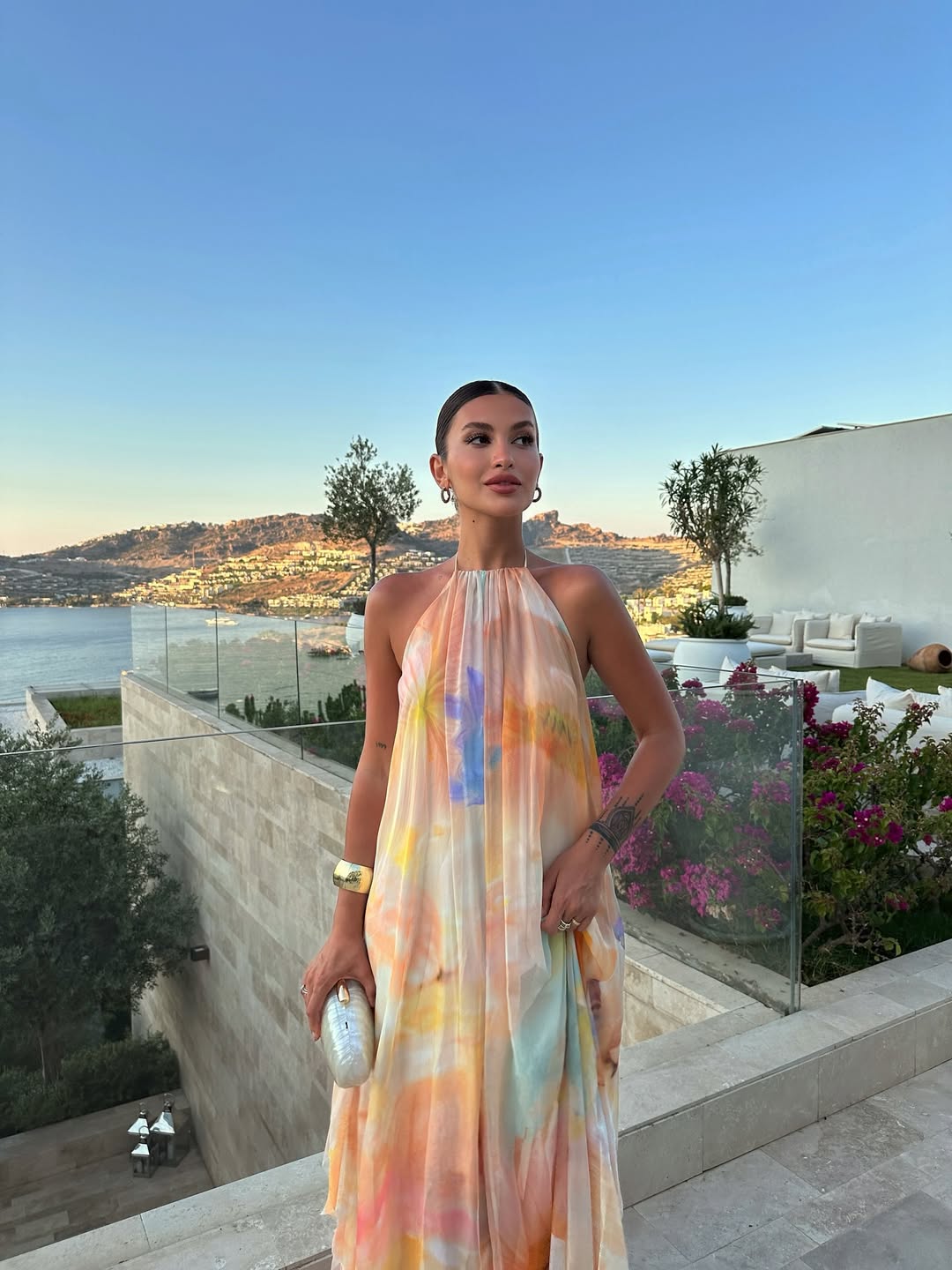 Watercolour Floral Halter Neck Flowy Maxi Dress - Wedding Guest