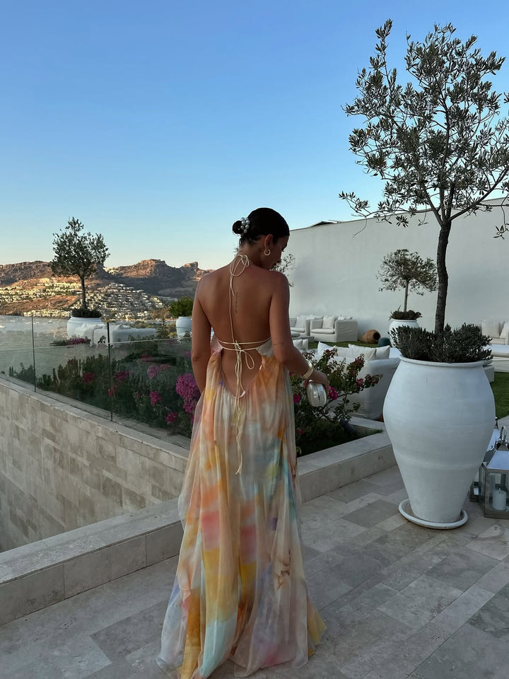 Watercolour Floral Halter Neck Flowy Maxi Dress - Wedding Guest