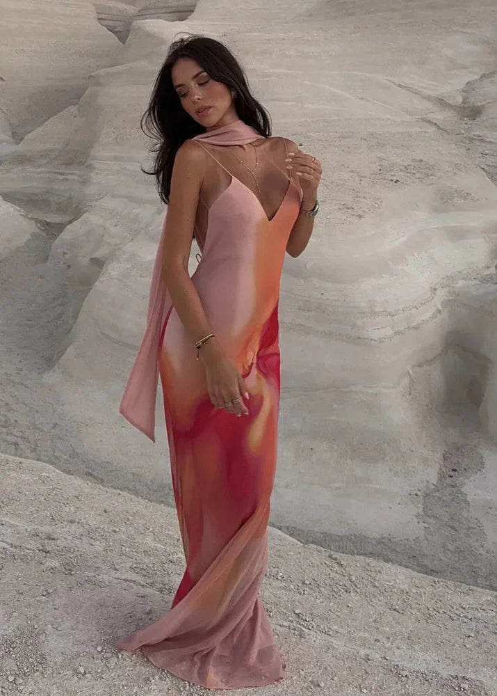 Ombre Print Spaghetti Strap Scarf Neck Satin Slip Maxi Dress