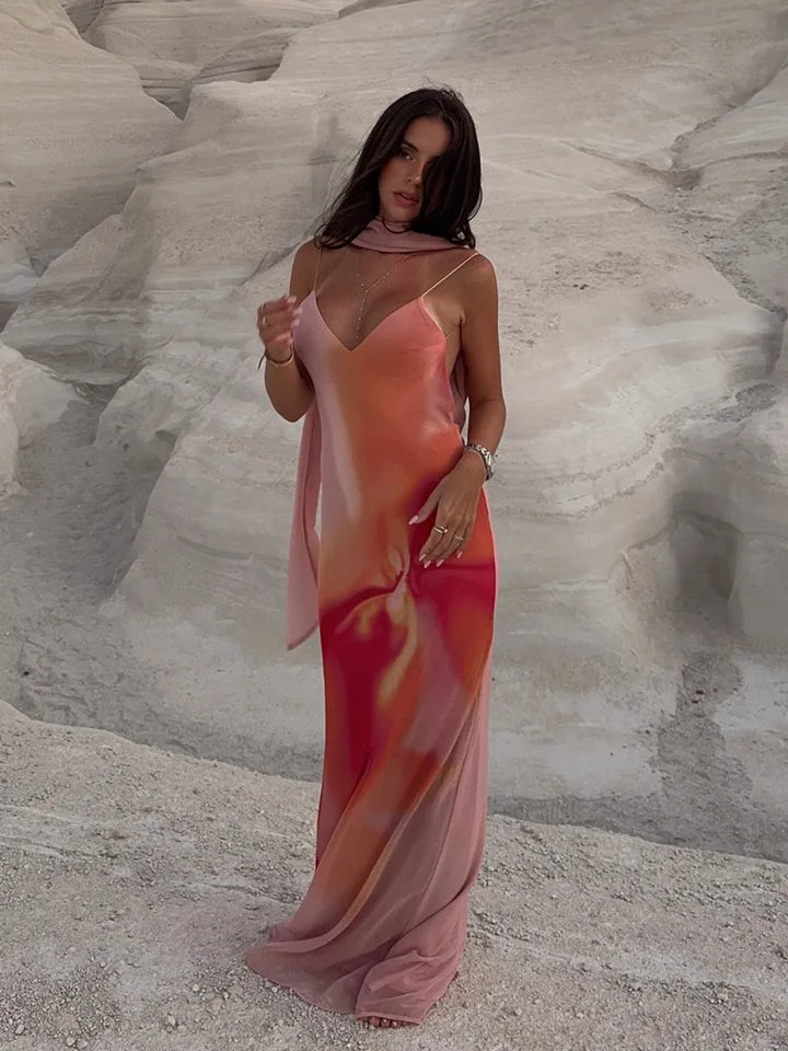 Ombre Print Spaghetti Strap Scarf Neck Satin Slip Maxi Dress