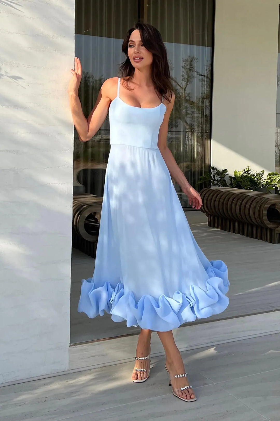 Ruffle Hem Spaghetti Strap A Line Maxi Dress - Formal Evening Gown