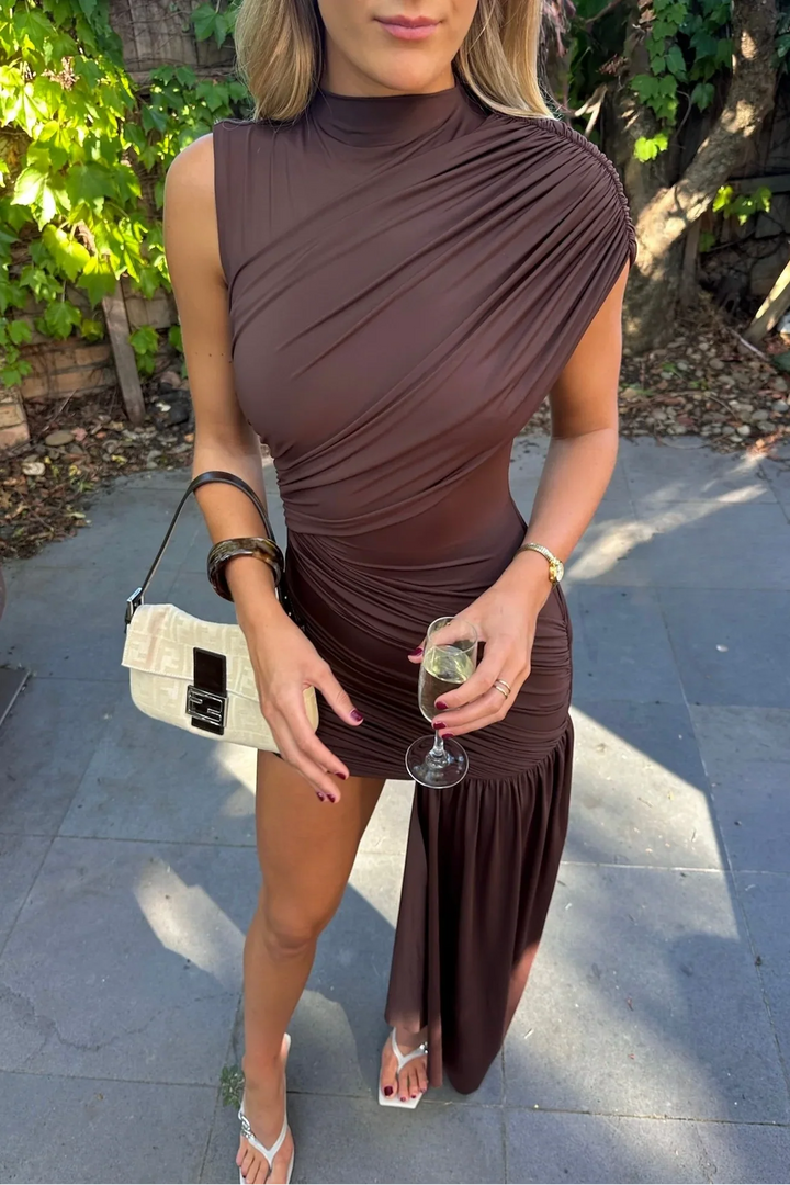 Mock Neck Diagonal Ruched Asymmetric Ruffle Hem Bodycon Mini Dress