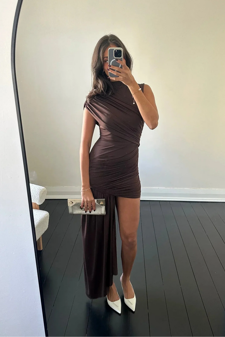 Mock Neck Diagonal Ruched Asymmetric Ruffle Hem Bodycon Mini Dress
