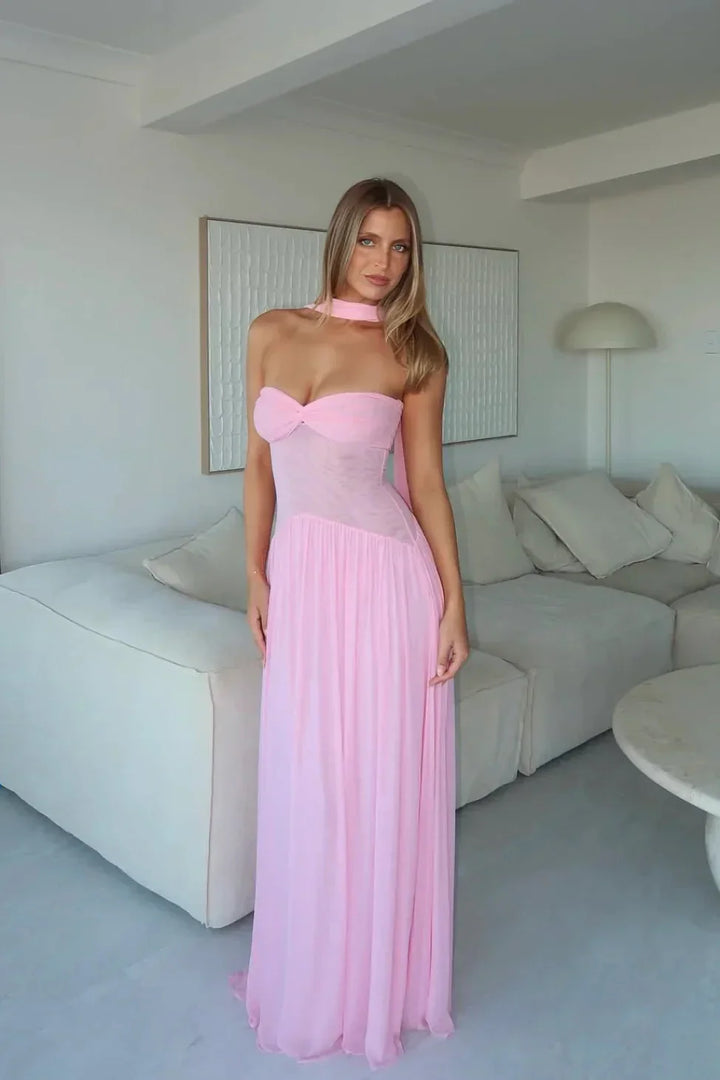 Strapless Twist Knot Bust Pleated Chiffon Scarf Detail Maxi Dress - Wedding Guest