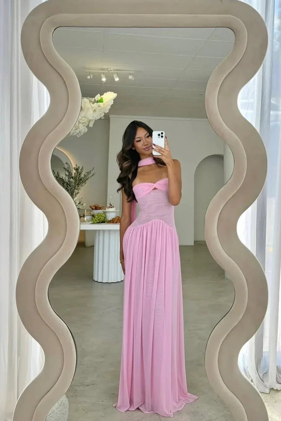 Strapless Twist Knot Bust Pleated Chiffon Scarf Detail Maxi Dress - Wedding Guest
