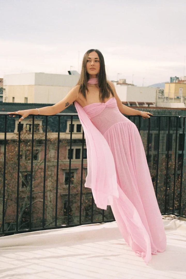 Strapless Twist Knot Bust Pleated Chiffon Scarf Detail Maxi Dress - Wedding Guest