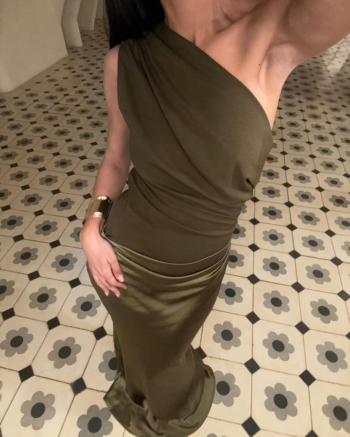 One Shoulder Draped Jersey Bodice Satin Skirt Mermaid Maxi Dress - Wedding Guest