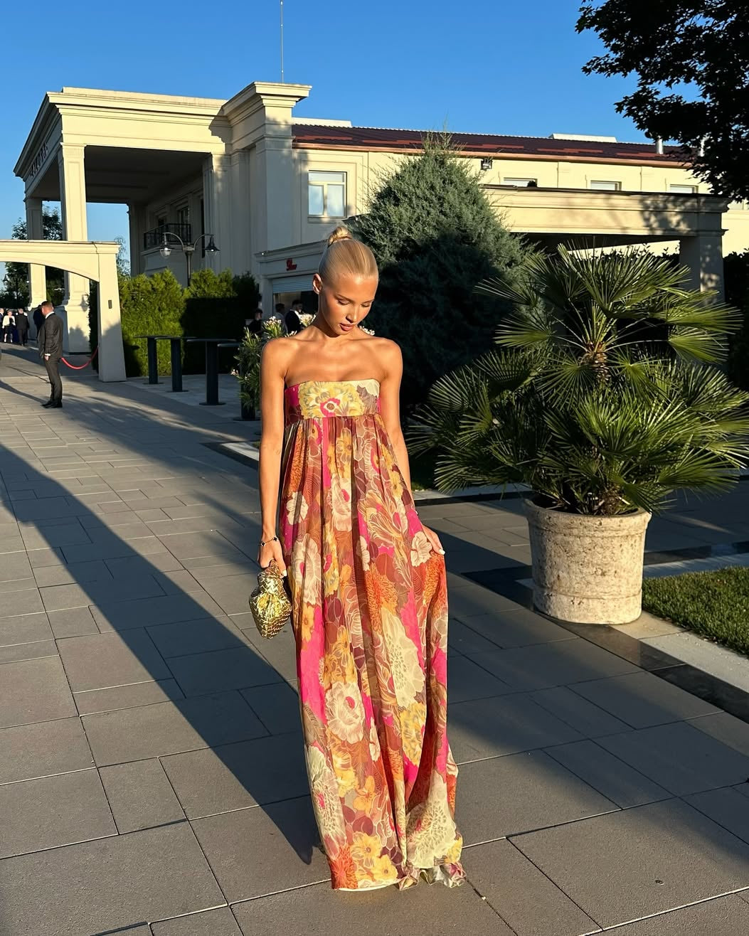 Floral Strapless Smocked Bodice Flowy Maxi Dress - Wedding Guest