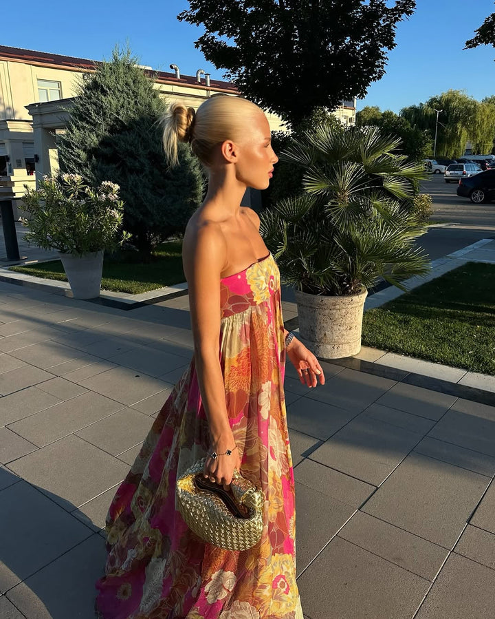 Floral Strapless Smocked Bodice Flowy Maxi Dress - Wedding Guest