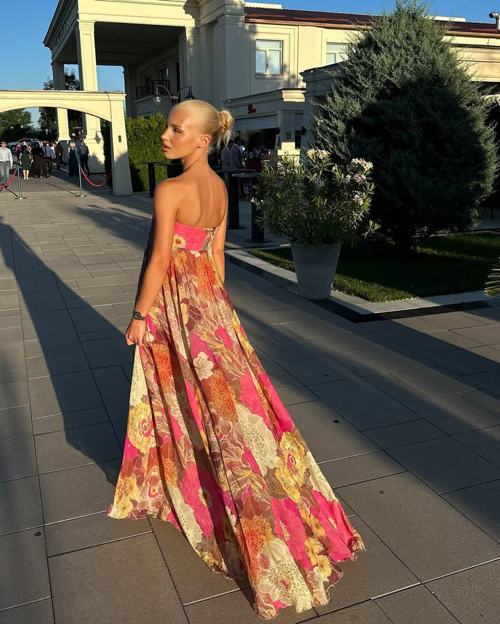 Floral Strapless Smocked Bodice Flowy Maxi Dress - Wedding Guest