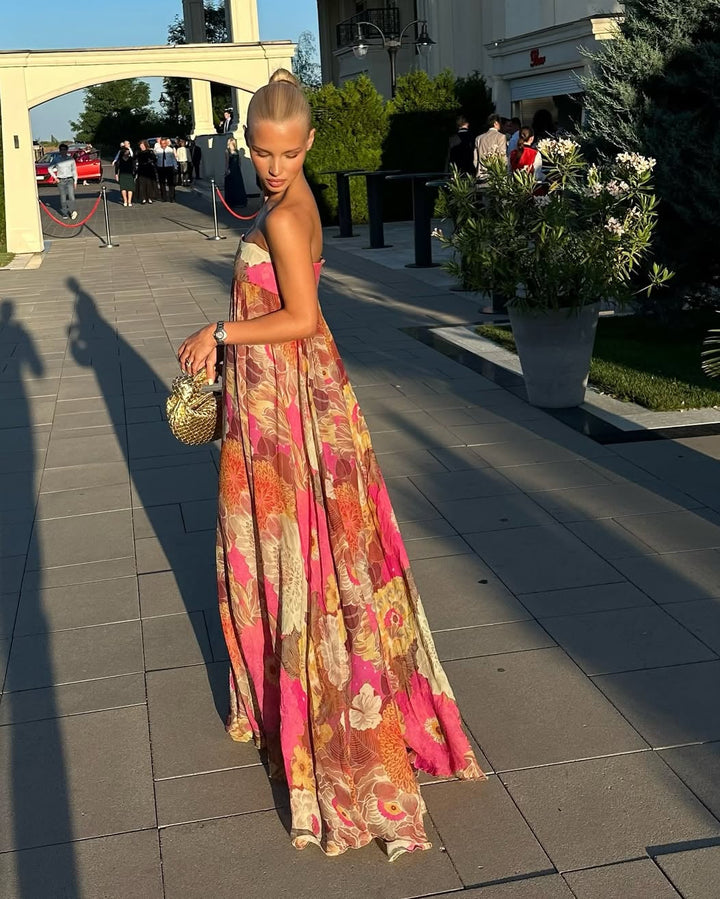 Floral Strapless Smocked Bodice Flowy Maxi Dress - Wedding Guest