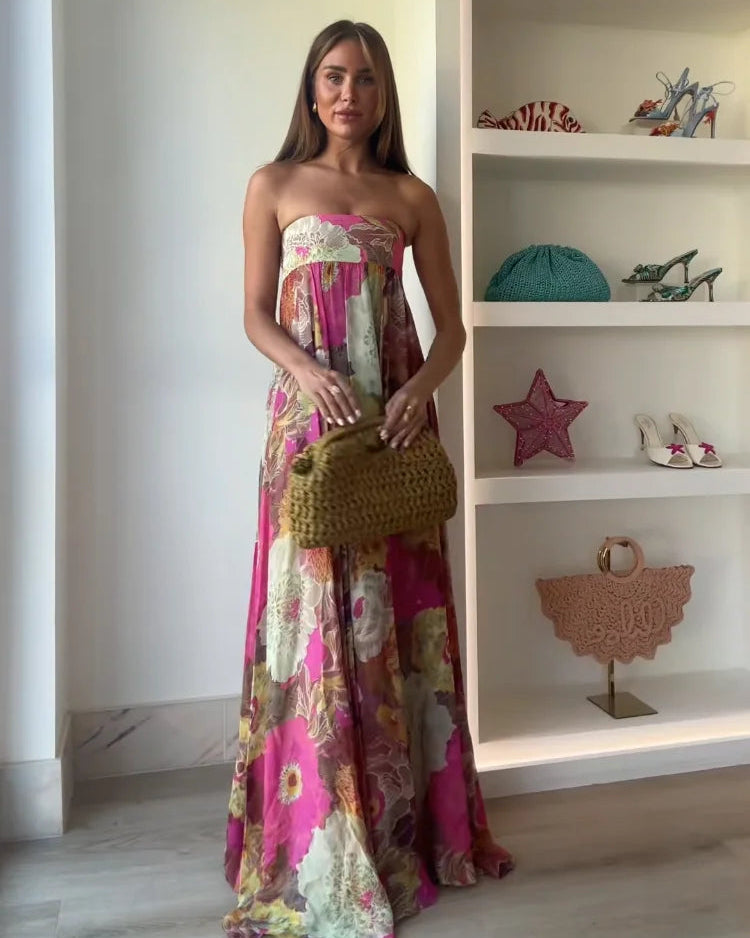Floral Strapless Smocked Bodice Flowy Maxi Dress - Wedding Guest