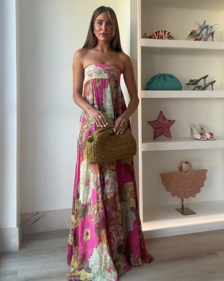 Floral Strapless Smocked Bodice Flowy Maxi Dress - Wedding Guest