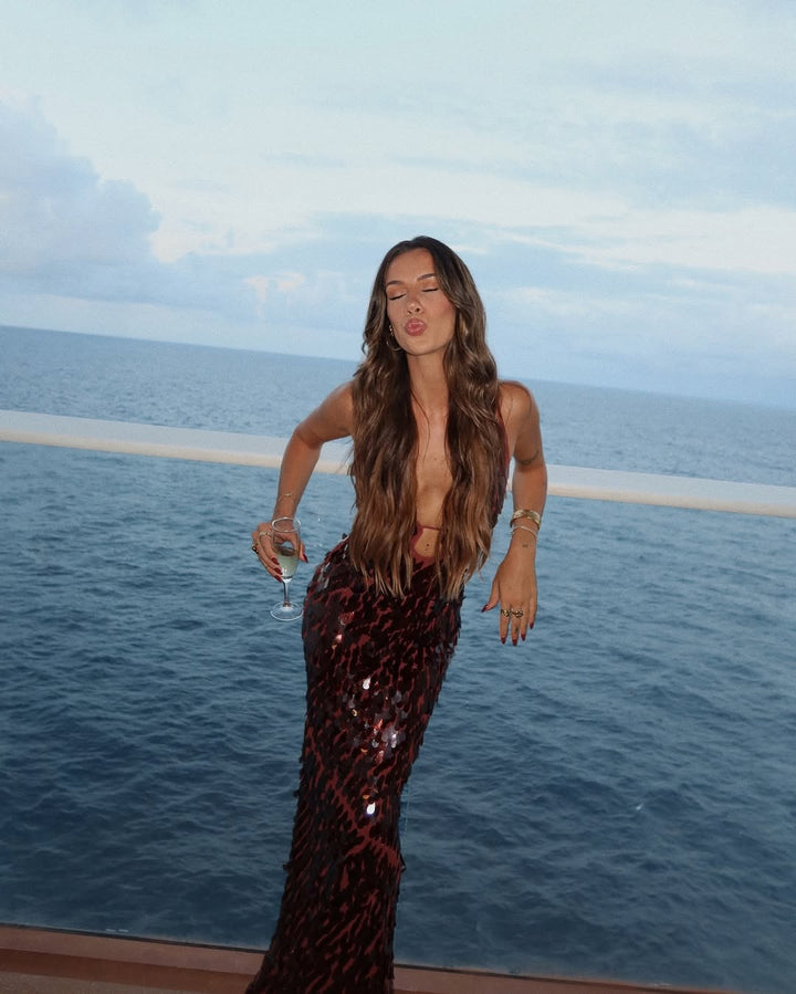 Petal Sequin Embellished Plunge V Neck Column Maxi Dress - Formal Evening Gown