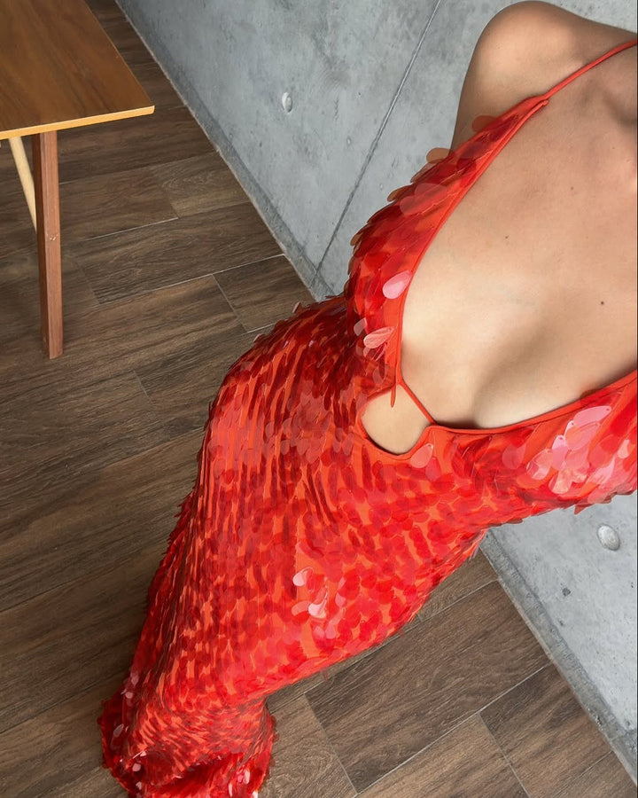 Petal Sequin Embellished Plunge V Neck Column Maxi Dress - Formal Evening Gown