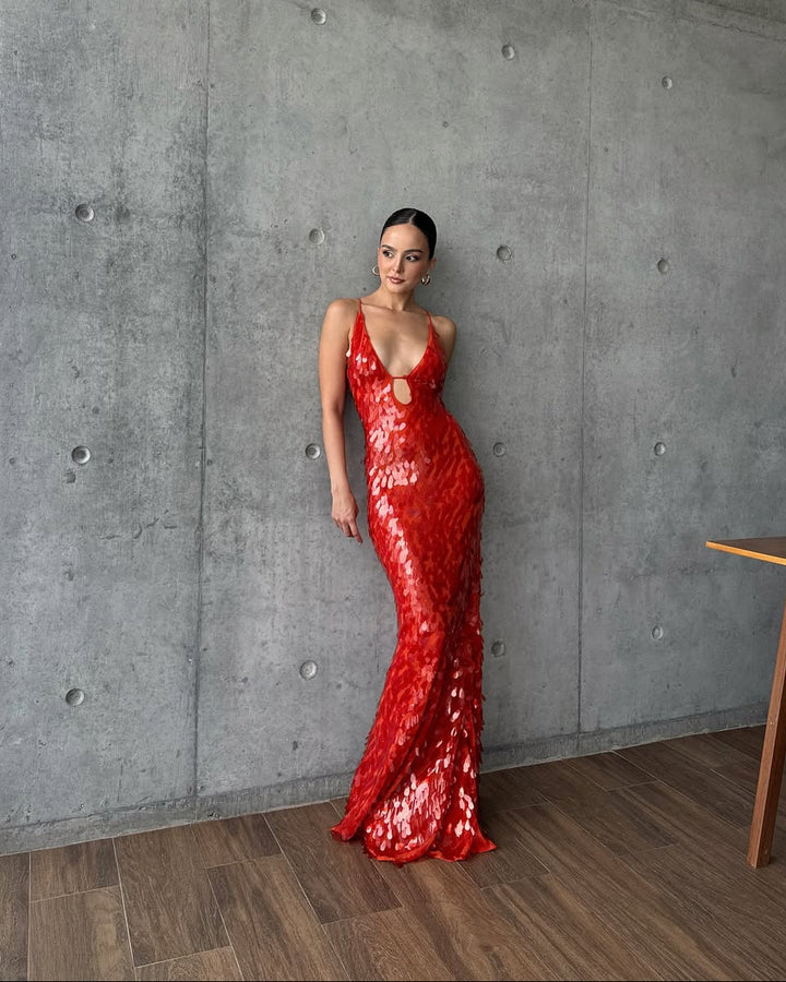 Petal Sequin Embellished Plunge V Neck Column Maxi Dress - Formal Evening Gown