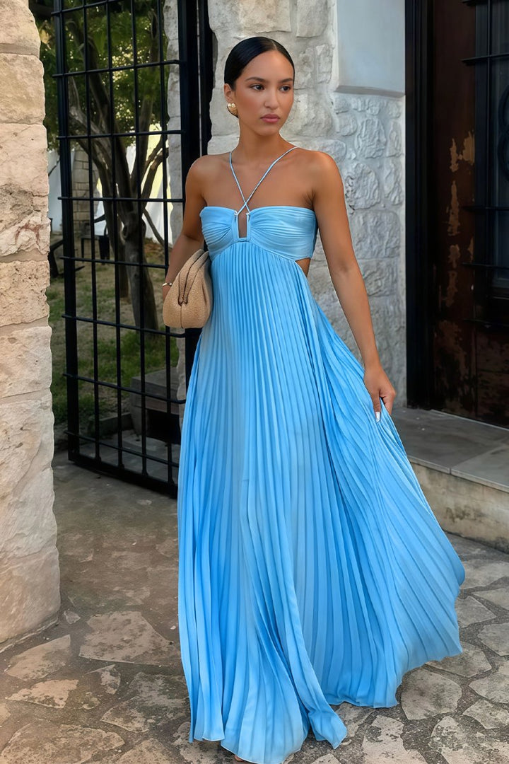 Cross Strap Halter Ruched Bust Cut Out Pleated Flowy Maxi Dress - Wedding Guest