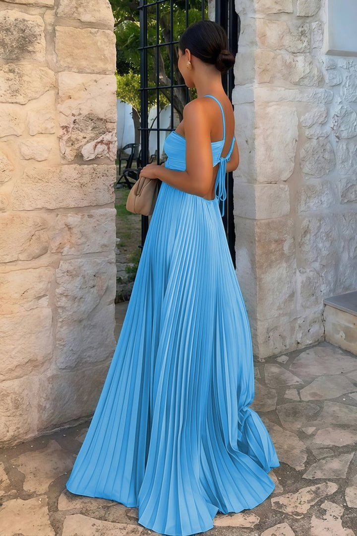 Cross Strap Halter Ruched Bust Cut Out Pleated Flowy Maxi Dress - Wedding Guest