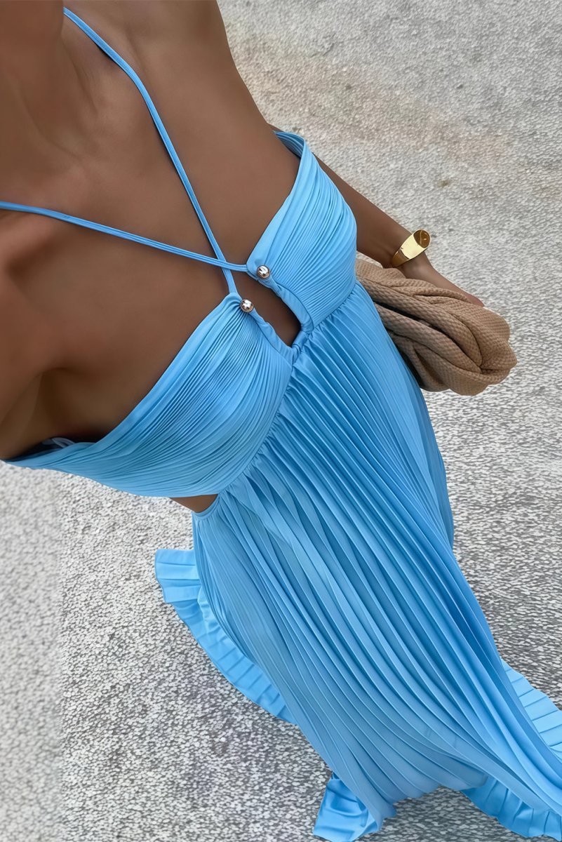 Pleated Ruched Halter Cut Out Flowy Maxi Dress - Wedding Guest