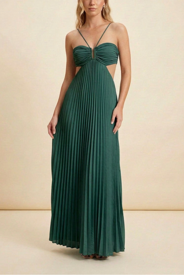 Cross Strap Halter Ruched Bust Cut Out Pleated Flowy Maxi Dress - Wedding Guest