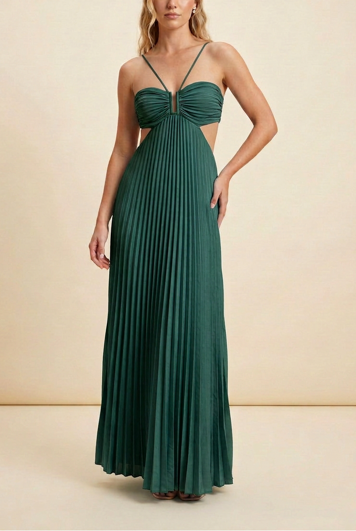 Cross Strap Halter Ruched Bust Cut Out Pleated Flowy Maxi Dress - Wedding Guest