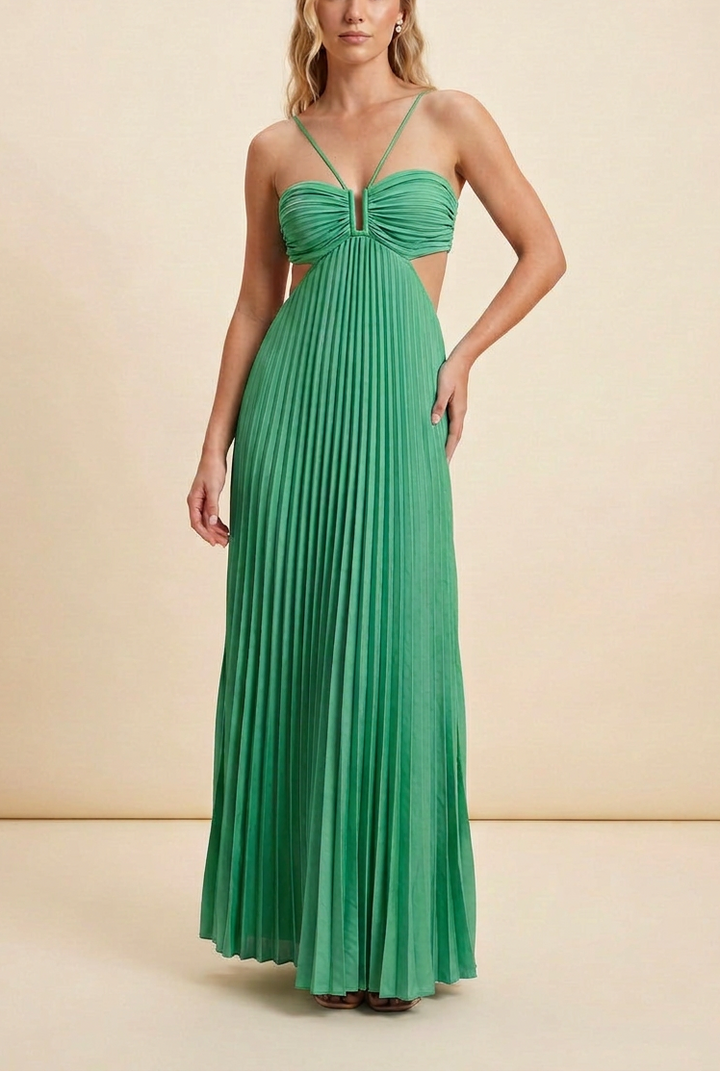 Cross Strap Halter Ruched Bust Cut Out Pleated Flowy Maxi Dress - Wedding Guest