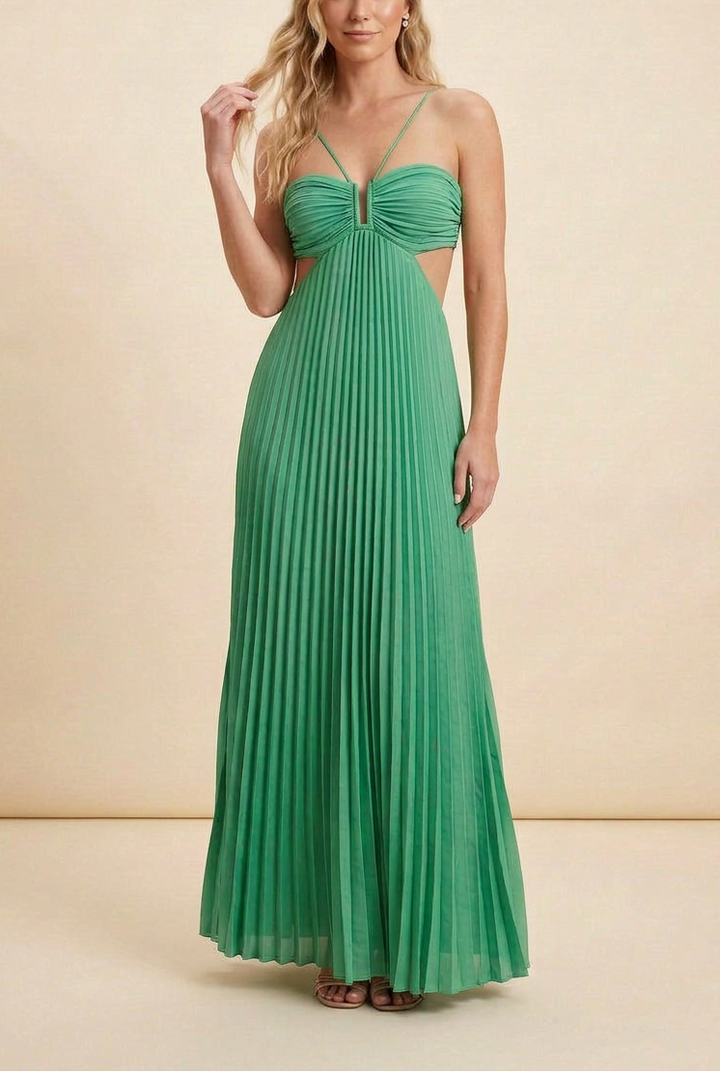 Pleated Ruched Halter Cut Out Flowy Maxi Dress - Wedding Guest