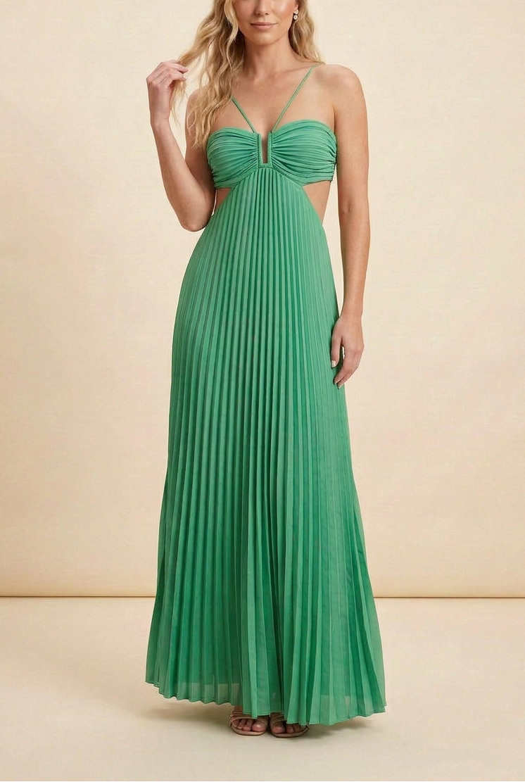 Cross Strap Halter Ruched Bust Cut Out Pleated Flowy Maxi Dress - Wedding Guest