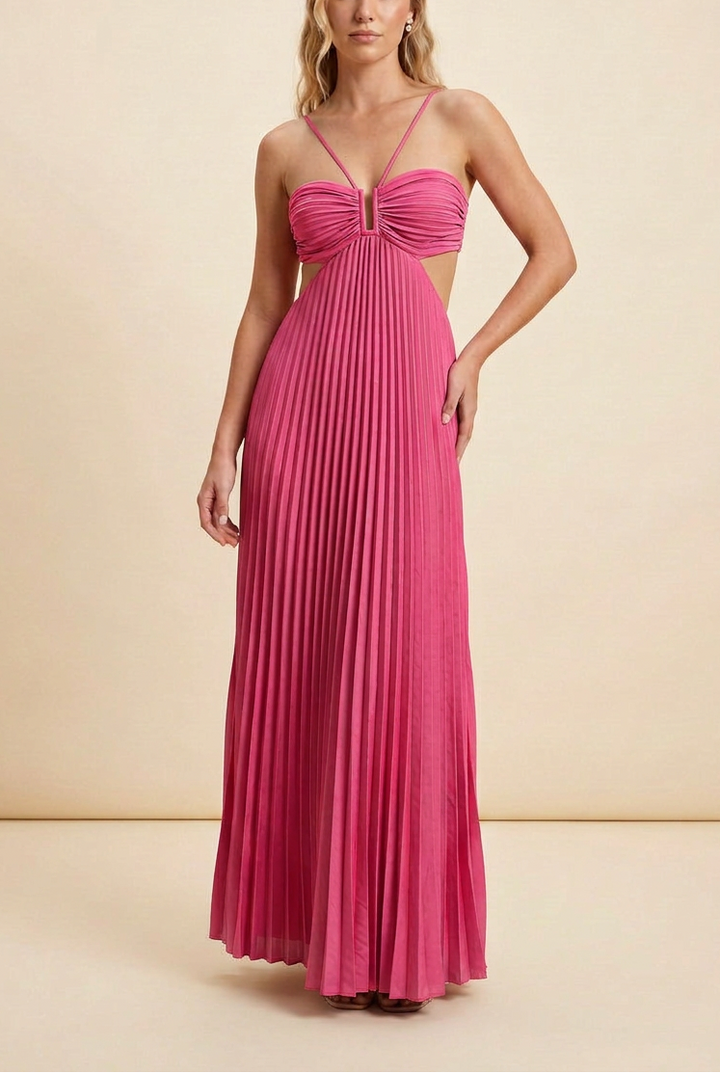 Pleated Ruched Halter Cut Out Flowy Maxi Dress - Wedding Guest