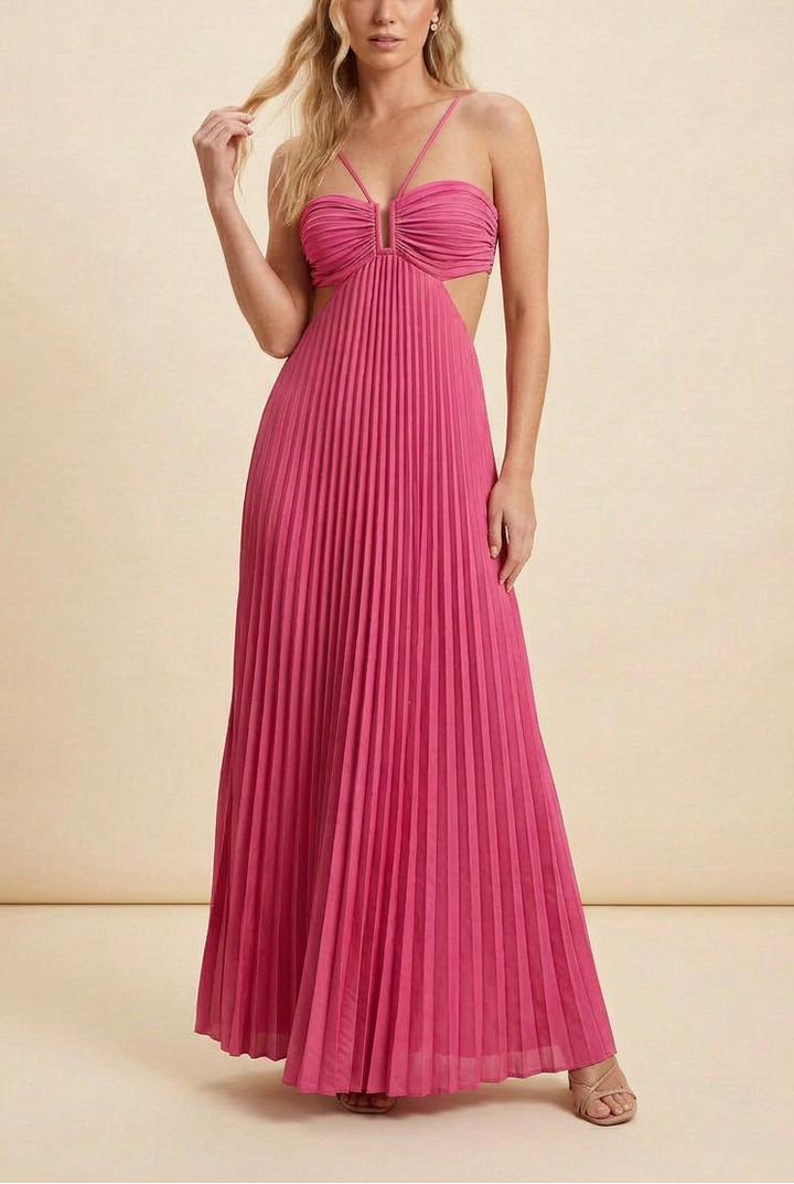 Cross Strap Halter Ruched Bust Cut Out Pleated Flowy Maxi Dress - Wedding Guest
