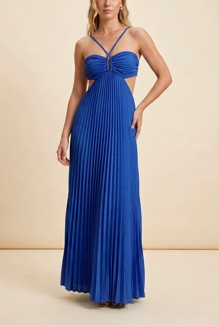 Cross Strap Halter Ruched Bust Cut Out Pleated Flowy Maxi Dress - Wedding Guest