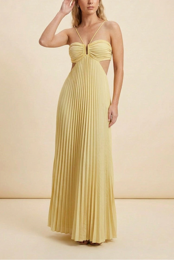 Pleated Ruched Halter Cut Out Flowy Maxi Dress - Wedding Guest