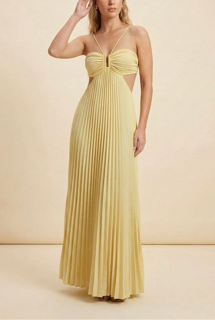 Cross Strap Halter Ruched Bust Cut Out Pleated Flowy Maxi Dress - Wedding Guest