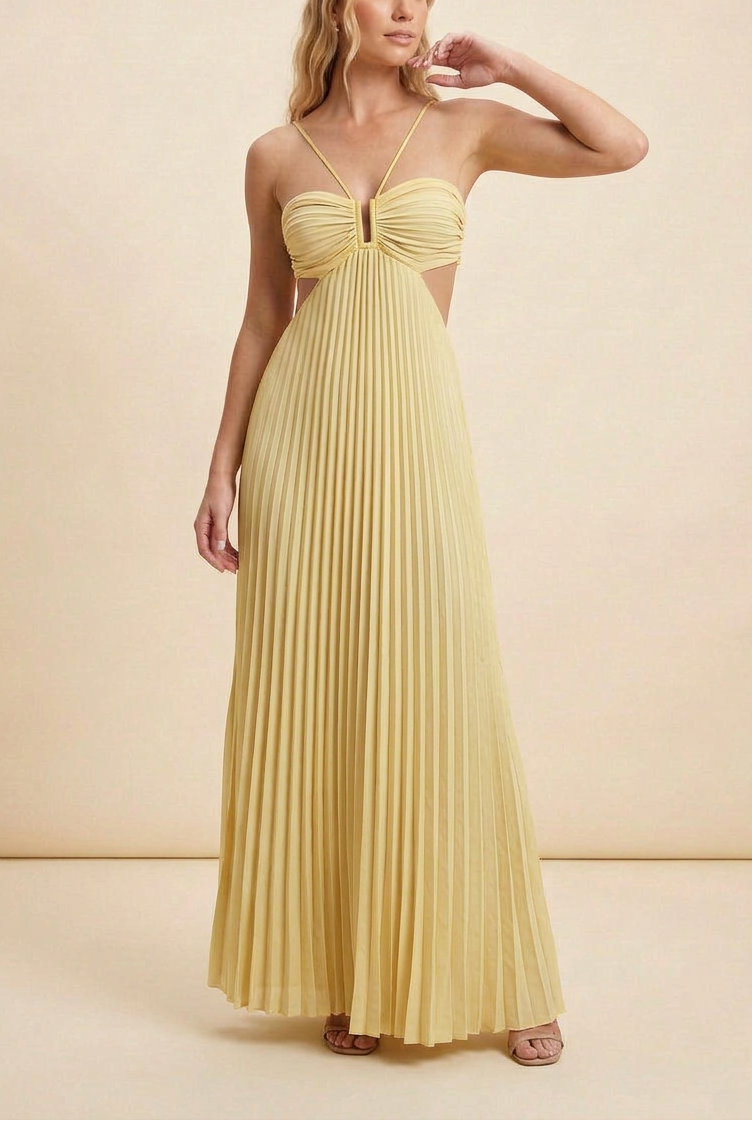 Pleated Ruched Halter Cut Out Flowy Maxi Dress - Wedding Guest