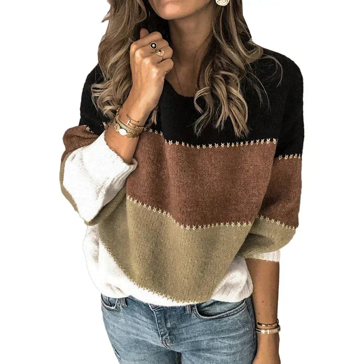 Marigold | Women's Color Block Crew Neck Sweater with Whipstitch Trim