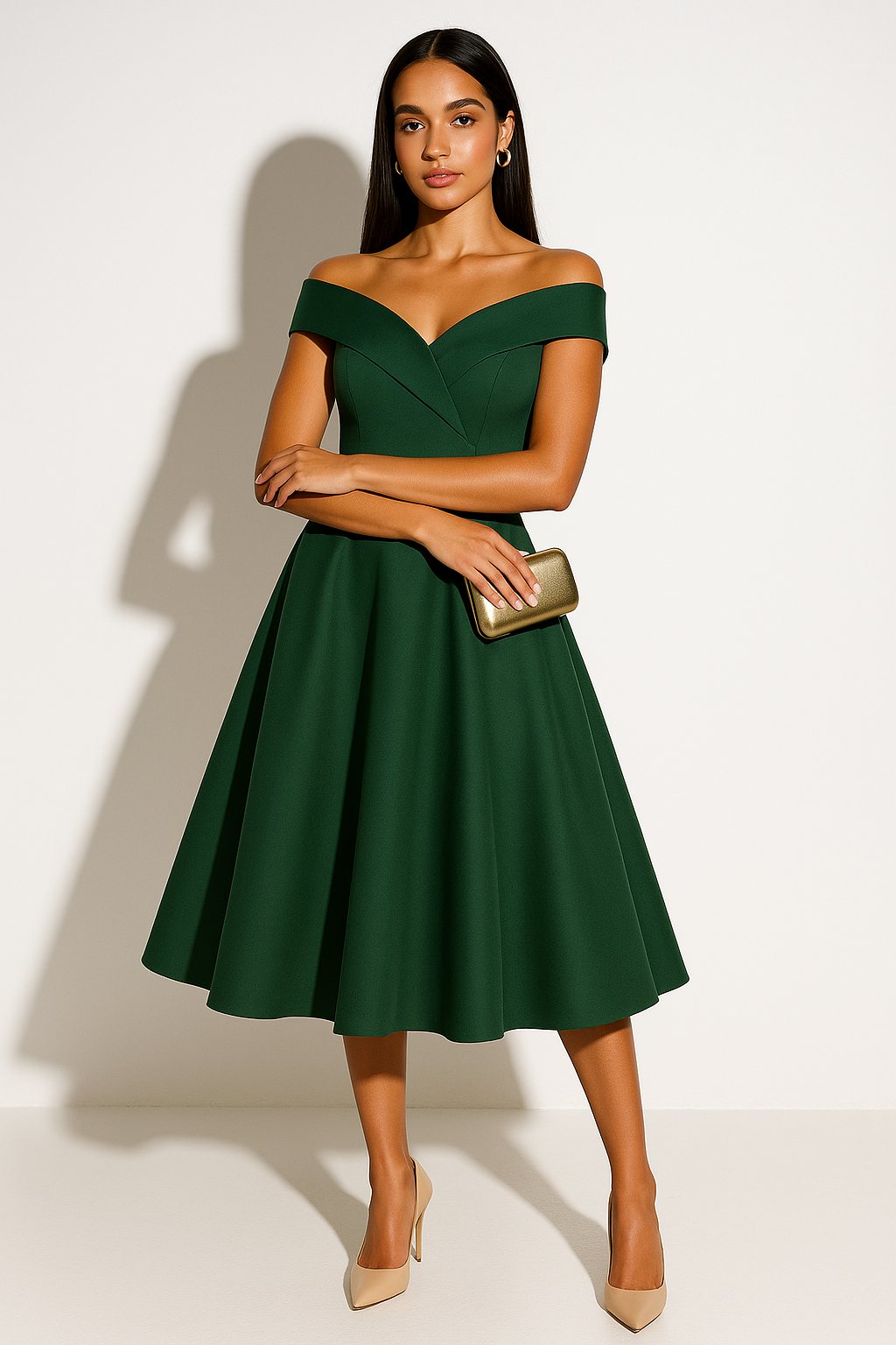 Off Shoulder Sweetheart Fit Flare Midi Dress - Formal Evening Gown
