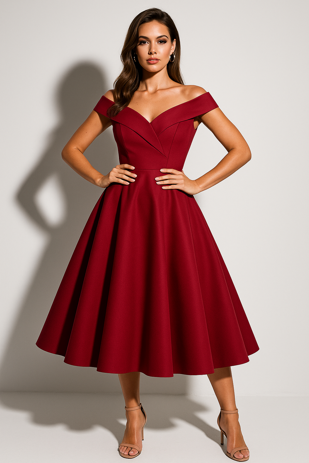 Off Shoulder Sweetheart Fit Flare Midi Dress - Formal Evening Gown