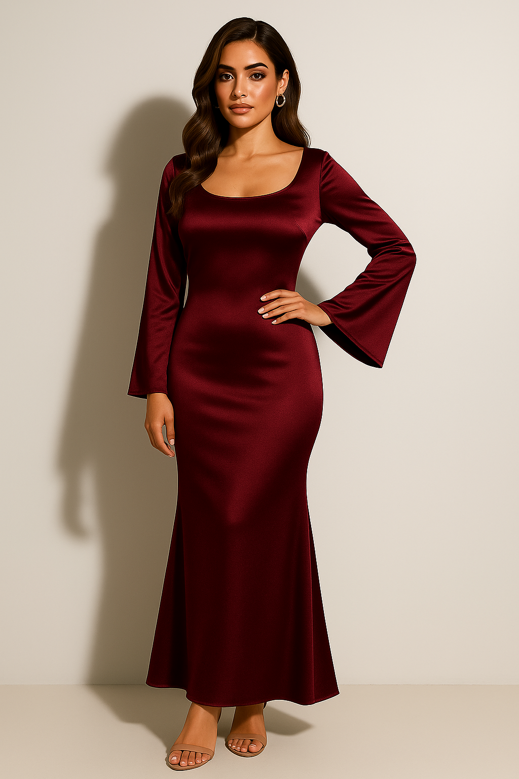 Satin Long Sleeve Scoop Neck Fishtail Maxi Dress - Formal Evening Gown